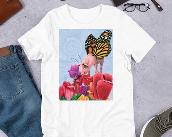 Butter Schwein Märchen Kurzarm Unisex T-Shirt Buterfly Schwein Tulpe Blumen t