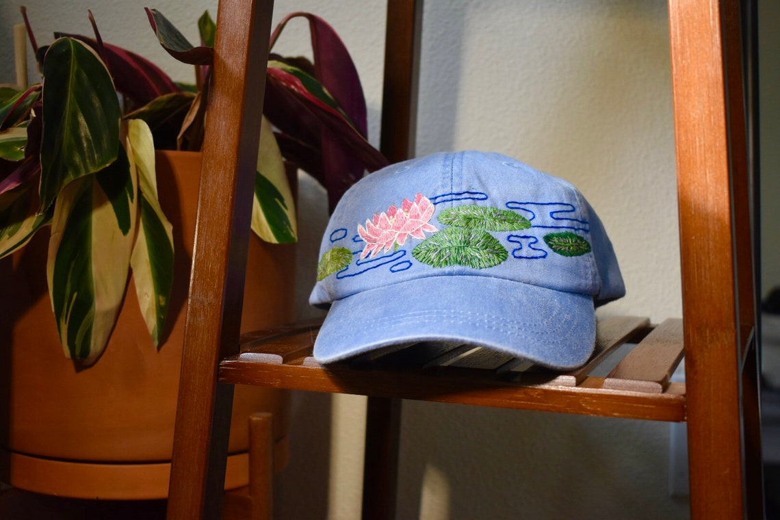 Pink Water Lily and Lily Pads Hand Embroidered Hat Light Etsy