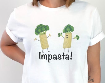 Impasta Food Pun T-Shirt, Funny Pasta Pun Shirt, Punny Womens Penne Tee, Funny Mens Shirt With Broccoli, Imposter Syndrome Crew Neck Shirt