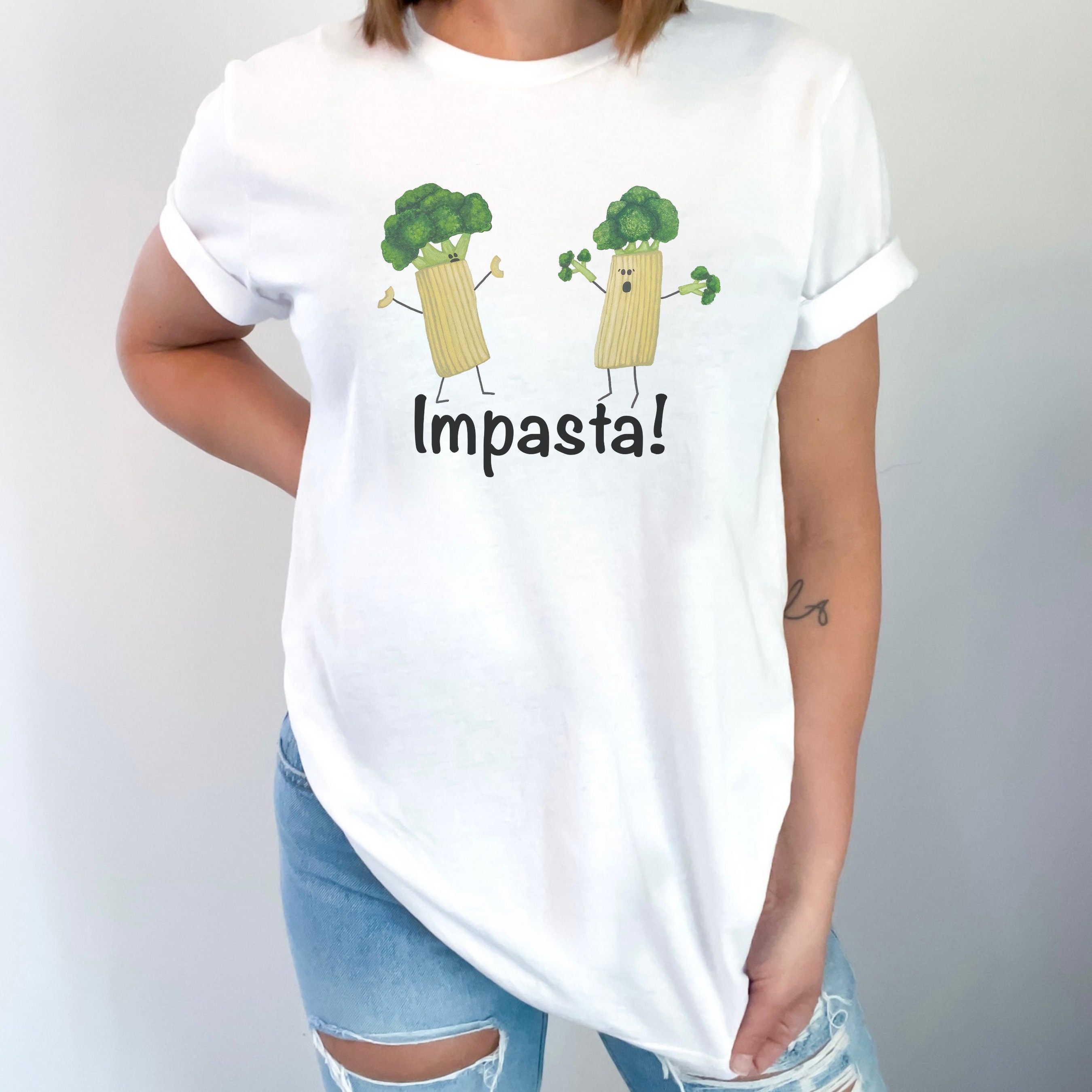Impasta Food Pun T-Shirt, Funny Pasta Pun Shirt, Punny Womens Penne Tee, Funny Mens Shirt With Broccoli, Imposter Syndrome Crew Neck Shirt