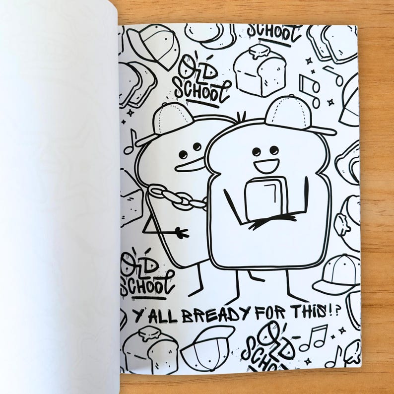 Puede incluir: Ilustraci&oacute;n en blanco y negro de dos rebanadas de pan con gorras de b&eacute;isbol y cadenas, con los brazos cruzados. Las palabras "Old School" y "Y'all Bready For This!?" tambi&eacute;n est&aacute;n en la imagen, junto con otros garabatos de pan y sombreros.