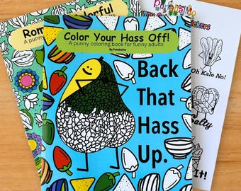 Adult Coloring Book Bundle with Coloring Sticker Sheet, Funny Food Pun Coloring Set