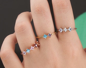Multi-Stone Family Ring • Custom Birthstone Jewelry • Dainty Minimalist Gemstone Ring • Birthday Gift for Unisex • Mother's Day Gift
