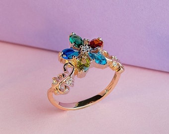 Elegant Birthstone Flower Family Birthstone Ring • Silver Ring • Multi-Stone Family Ring • Custom Friends Birthstones • Birthday Gift
