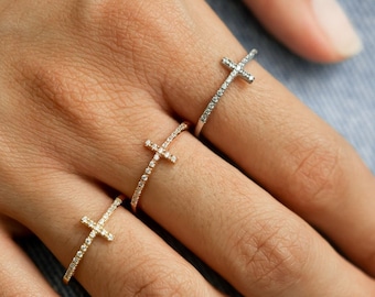 Cross Ring • Diamond Cross Ring • Dainty Cross Ring • Sideways Cross Sterling Silver Ring • Christian Ring • Christmas Gift • Catholic Gift