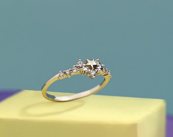 Star ring with diamond accents • Adjustable Rhombic Crystal Zircon Ring • Moissanite Luxury Jewelry for Women