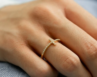 14K Diamond Cross Ring • Sideways Cross Ring • Delicate Cross Ring • Dainty Cross Ring in 14K Solid Yellow, White and Rose Gold