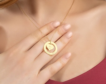 Collier pendentif cercle de cœur protégé • Collier pendentif gravable avec noms d'enfants personnalisés • Collier de nom d'amoureux • Cadeau personnalisé