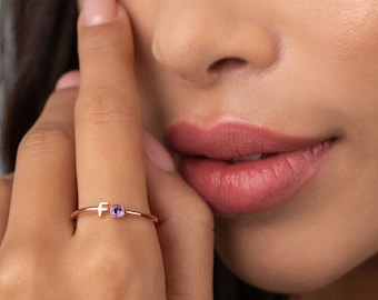 Initial Birthstone Ring • Custom Gemstone Ring • Name Initial Ring • Letter Ring with your Birthstone • Personalized Gift • Bridesmaids Gift