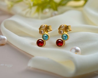 Gemstone Stud Earrings • Your Family Birthstones • Baguette Cut Stones • Cluster Stone Stud Earrings • Besties Matching Earrings Gift