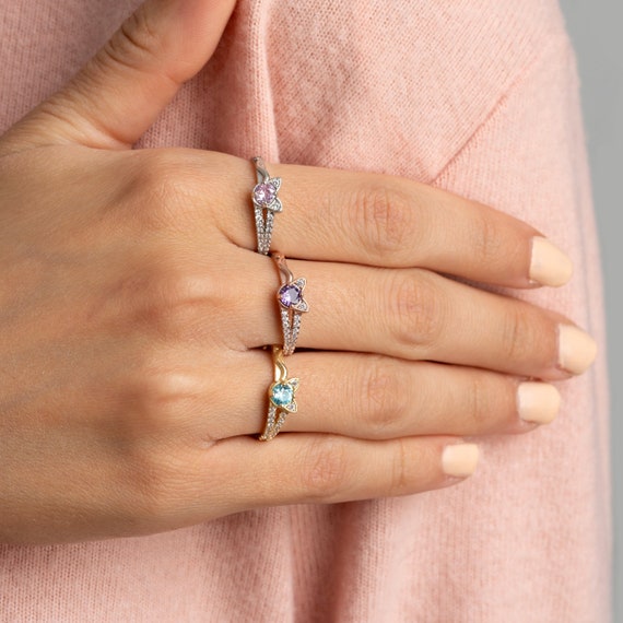 Cat Ring • Kitty Birthstone Ring • Pet Lover Ring • Personalized Ring •  Round-Cut Gemstone with Diamond Accents • Perfect Cat Lover Gift