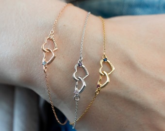Interlocking Heart Bracelet • Sterling Silver Bracelet with Birthstone • Name Engraved Love Bracelet • Personalized Gift