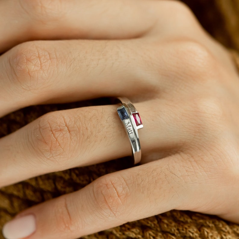 Double Baguette Sterling Silver Ring \u2022 Bypass Birthstone and Name Ring \u2022 Wrap Two Birthstones/&Two Names Ring \u2022 Stacking Twist Promise Ring