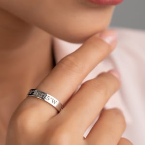 Engraved Ring Sterling Silver Ring Any Custom Words Engraved Coordinate Ring Name Ring Personalized Stackable Ring Wedding Ring image 3