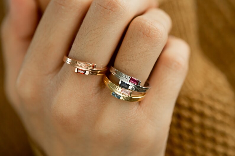 Double Baguette Sterling Silver Ring \u2022 Bypass Birthstone and Name Ring \u2022 Wrap Two Birthstones/&Two Names Ring \u2022 Stacking Twist Promise Ring