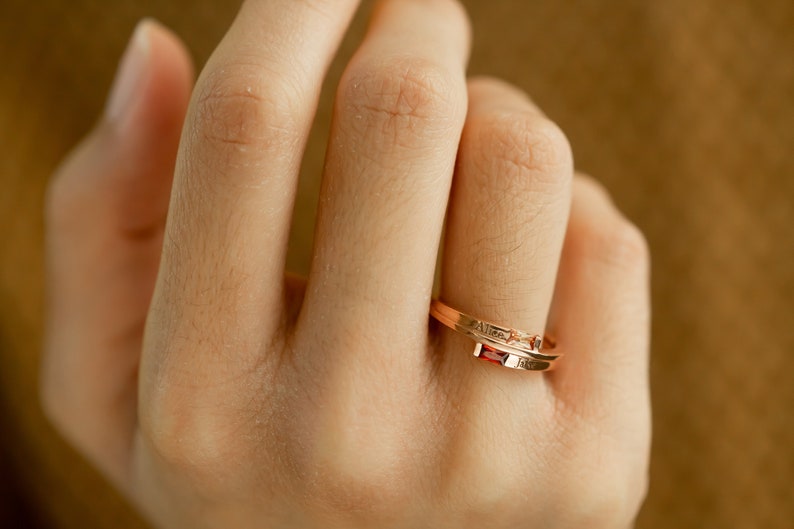 Double Baguette Sterling Silver Ring \u2022 Bypass Birthstone and Name Ring \u2022 Wrap Two Birthstones/&Two Names Ring \u2022 Stacking Twist Promise Ring