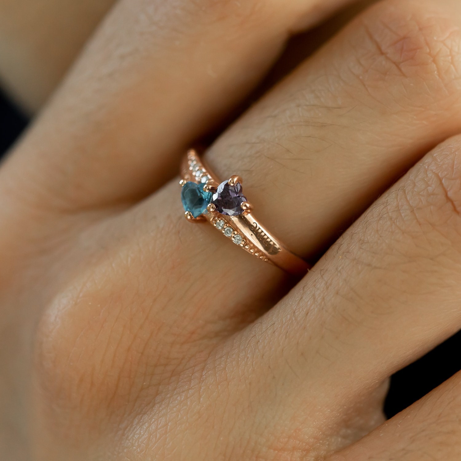 14K Heart Cluster Birthstone Ring with Diamond Accents • Name Engraved Birthstone • Couple Ring in Solid 14K Yellow, White and Rose Gold