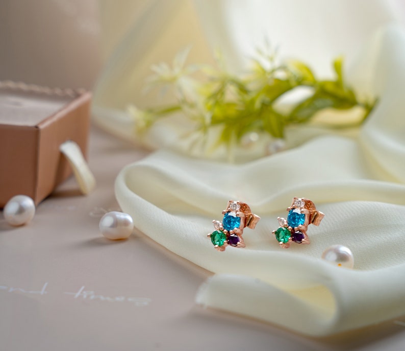 Cluster Stone Stud Earrings Gemstone Stud Earrings Your Family Birthstones Baguette Cut Stones Besties Matching Earrings Gift image 3