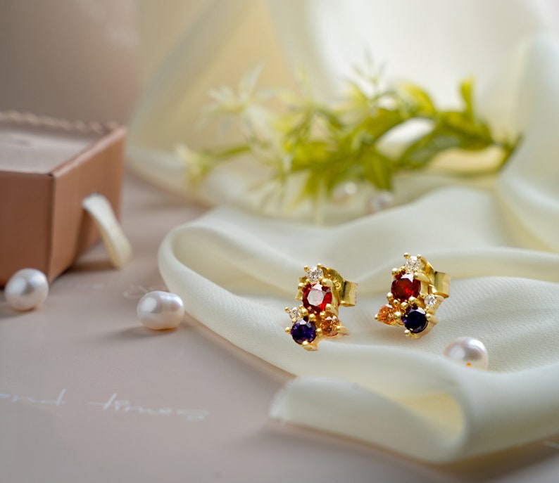 Cluster Stone Stud Earrings Gemstone Stud Earrings Your Family Birthstones Baguette Cut Stones Besties Matching Earrings Gift image 5