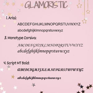 May include: A pink background with white stars scattered across the surface. The text "GLAMORISTIC" is written in a black, decorative font at the top of the image. Below the text, there are three examples of different fonts: Arial, Monotype Corsiva, and Script MT Bold. Each font is shown in uppercase and lowercase letters.