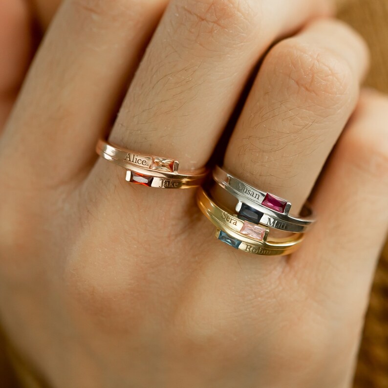 Double Baguette Sterling Silver Ring \u2022 Bypass Birthstone and Name Ring \u2022 Wrap Two Birthstones/&Two Names Ring \u2022 Stacking Twist Promise Ring