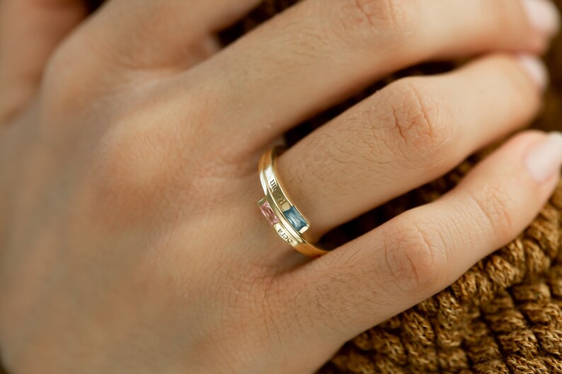 Double Baguette Sterling Silver Ring \u2022 Bypass Birthstone and Name Ring \u2022 Wrap Two Birthstones/&Two Names Ring \u2022 Stacking Twist Promise Ring