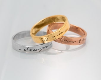 14K Handwriting Ring • Memorial Handwriting Ring • Unisex Eternity Wedding Band • Handwriting Ring in Solid 14K Yellow, White and Rose Gold