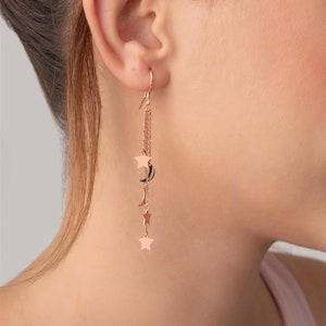 Moon Star Drop Earrings Celestial Earrings Dangling Star and Moon Earrings Women's Modern Wire Back Earrings Stylish Earrings Gift image 1