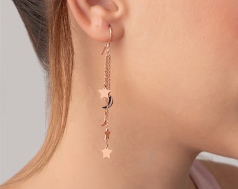 Moon Star Drop Earrings • Celestial Earrings • Dangling Star and Moon Earrings • Women's Modern Wire Back Earrings • Stylish Earrings Gift