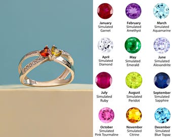 May include: A silver ring with three simulated gemstones in the shape of hearts. The ring has the words "Sophia" and "Jacob" engraved on the band. The gemstones are red, yellow, and clear. The ring is displayed against a blue background with a chart of simulated gemstones for each month of the year.