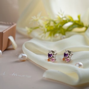 Cluster Stone Stud Earrings Gemstone Stud Earrings Your Family Birthstones Baguette Cut Stones Besties Matching Earrings Gift image 6