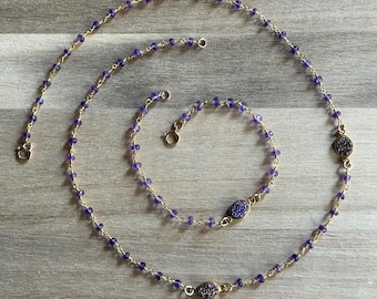 Amethyst Druzy Rosary Chain Jewelry Set: Gold-Filled Necklace & Bracelet
