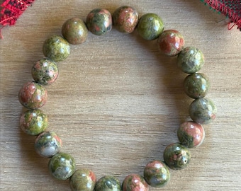 Unakite Gemstone Beaded Stretch Bracelet, Handmade Unisex Jewelry, Gift