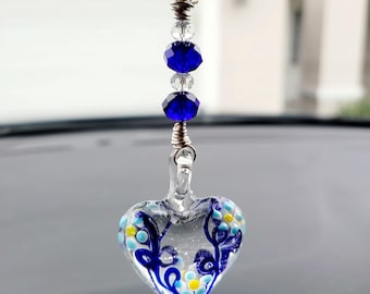 Heart Car Charm: Handmade Glass Rearview Mirror Ornament
