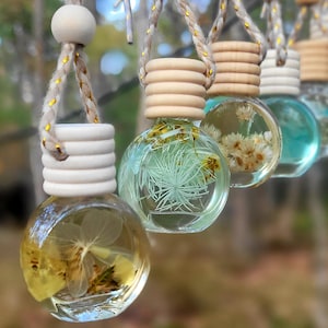 May include: A row of hanging glass car air fresheners filled with dried flowers and plants. Each round bottle has a wooden cap and is suspended by a gold-flecked rope. The liquid inside the bottles is clear and tinted with various colors.