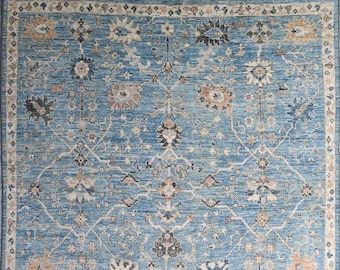 Tapis à fleurs bleues de 9 x 12 pieds, tapis au design oriental, tapis de salon, tapis bijar, tapis afghan noué à la main, couleurs sourdes, tapis unique en son genre