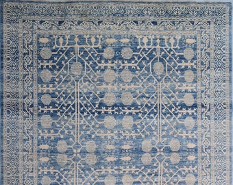 Tapis fin khoton 9 x 12 pieds, tapis grenadier, tapis de salon, couleurs transitionnelles modernes, tapis afghan noué à la main
