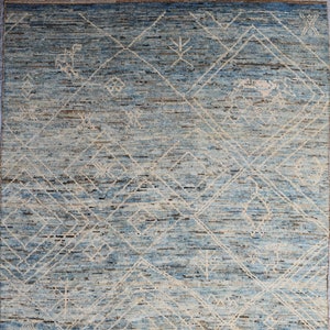 8 x 10 blauw berbertapijt: handgeknoopte Afghaanse wol, moderne bohostijl