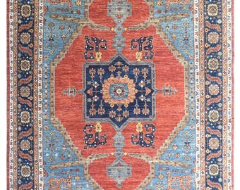 9x12 Hand-Knotted Afghan Heriz Rug: Red, Blue Wool Medallion