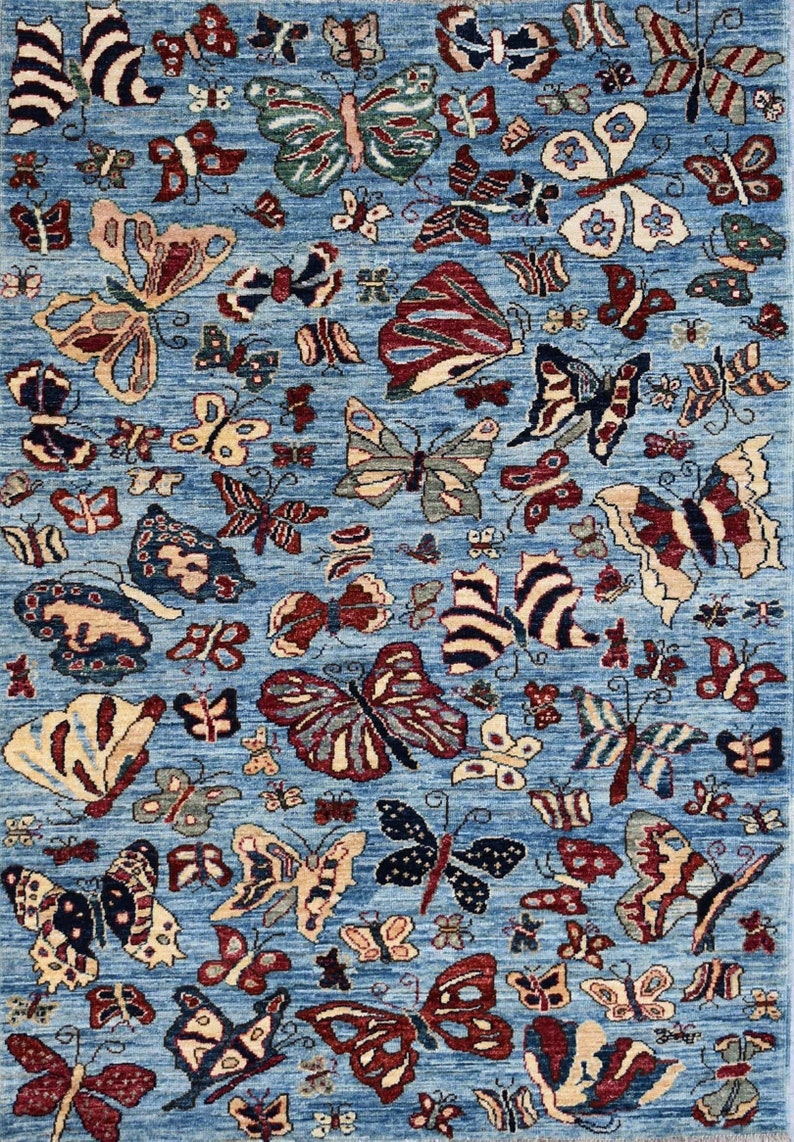 Hand Knotted Afghan Rug: Butterfly Design, Blue Wool Rug (4x6 Ft) - Etsy