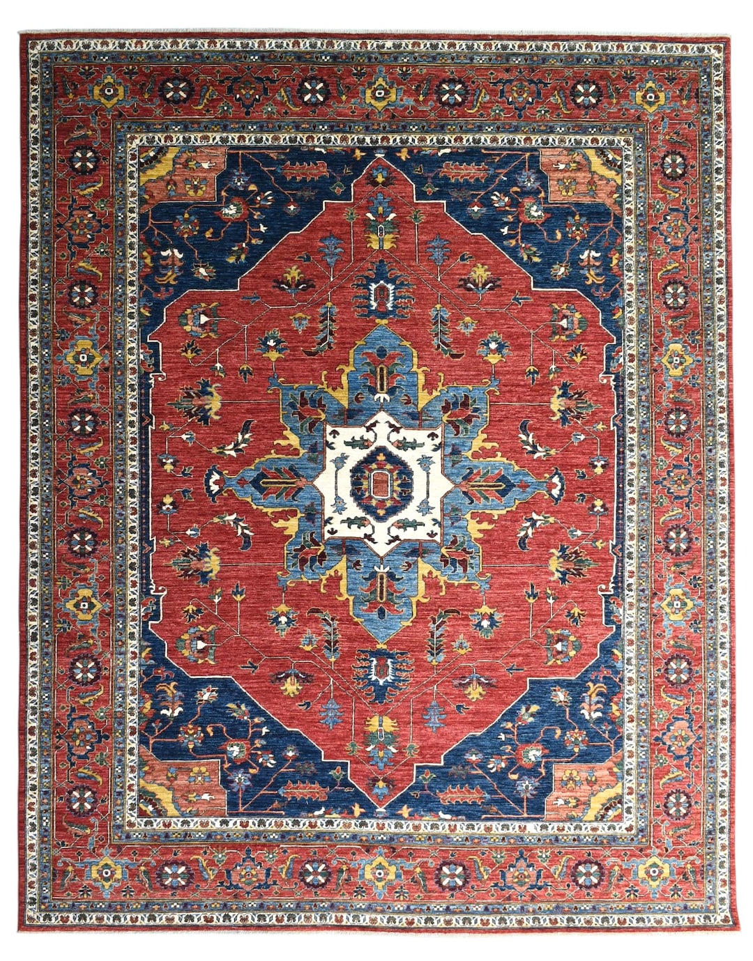9x12 Persian Medallion Area Rug, Red Navy Blue Heriz Rug, Hand-knotted ...