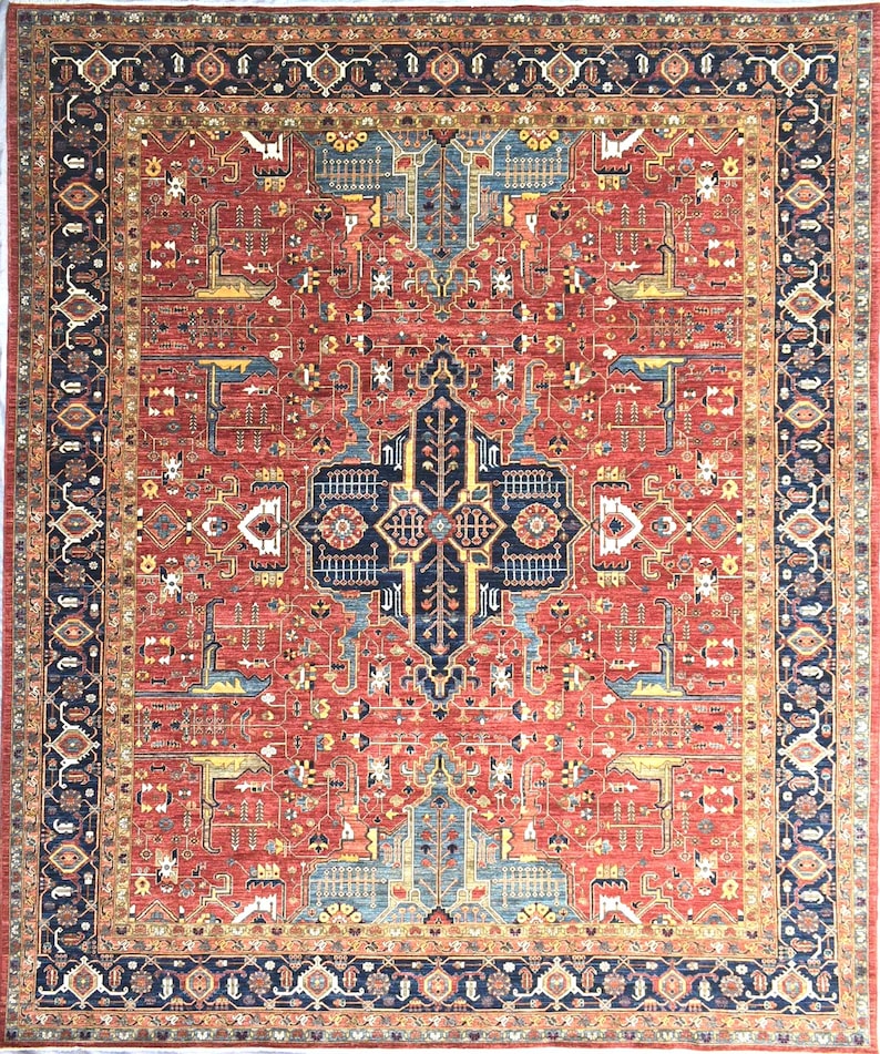 12x15 Ft Serapi Area Rug, Fine Knotted Red Medallion Rug, Afghan Wool