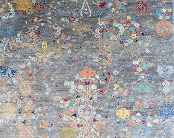 Tapis floral de style abstrait moderne 9 x 12, tapis Ariana moderne, couleurs transitionnelles, tapis de salon, motifs magnifiques, tapis afghan noué à la main