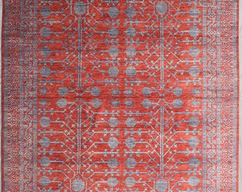 Large Pomegranate Tree Afghan Rug: 10x14 ft, Red & Blue Wool