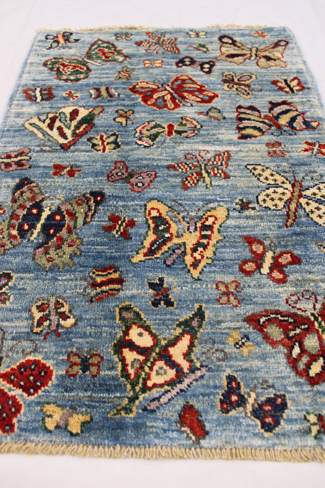 Hand Knotted Afghan Rug: 2x3 Ft Blue Butterfly Wool Rug - Etsy