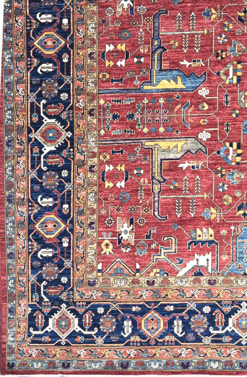 12x15 Ft Serapi Area Rug, Fine Knotted Red Medallion Rug, Afghan Wool