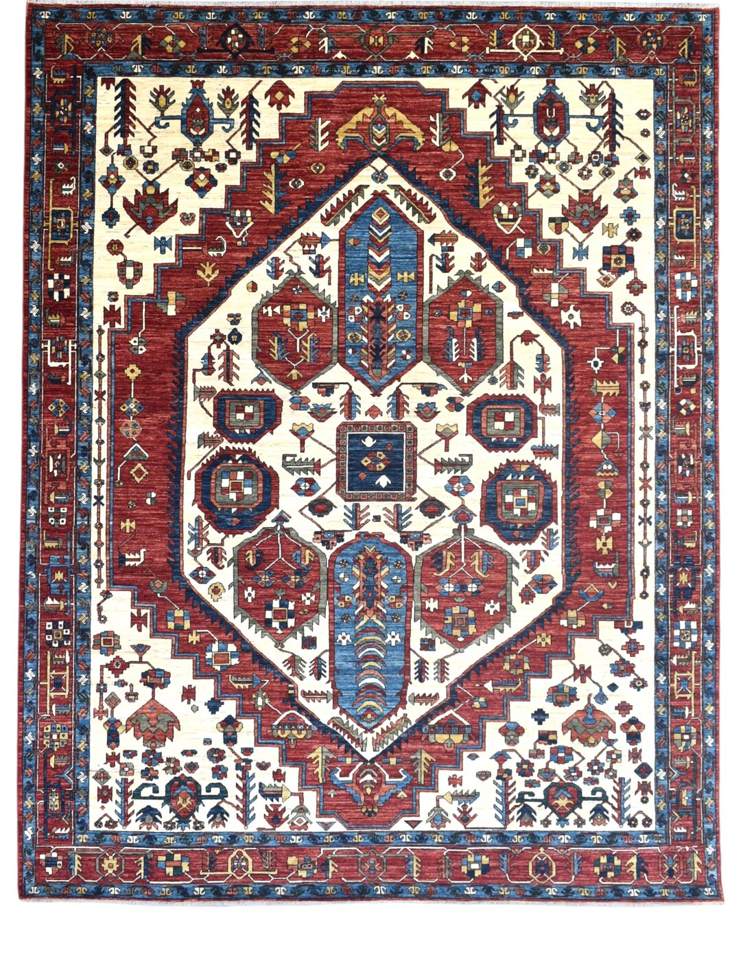 爆安セール　特大　アフガン 　手織りラグ　RUG 212cm X 118cm 9x12インチの手織りアフガン・ヘリズ・ラグ：ベージュ、レッド