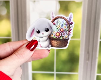 Cute Bunny & Flower Basket Sticker | Decorative Sticker, Easter Stickers, Kindle Stickers, Water Bottle Sticker
