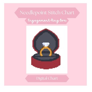 以下が含まれることがあります： 婚約指輪の箱を描いたデジタルニードルポイントステッチチャート。 赤い箱に黒い内装、ダイヤモンド付きのゴールドリングが入っています。 テキストには「Needlepoint Stitch Chart」、「Engagement Ring Box」、および「Digital Chart」が含まれています。