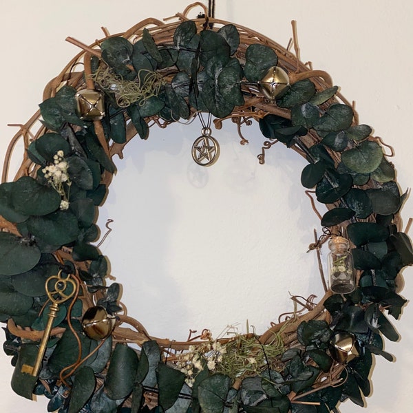 Eucalyptus Wiccan Wreath w/ Mini house Protection spell bottle